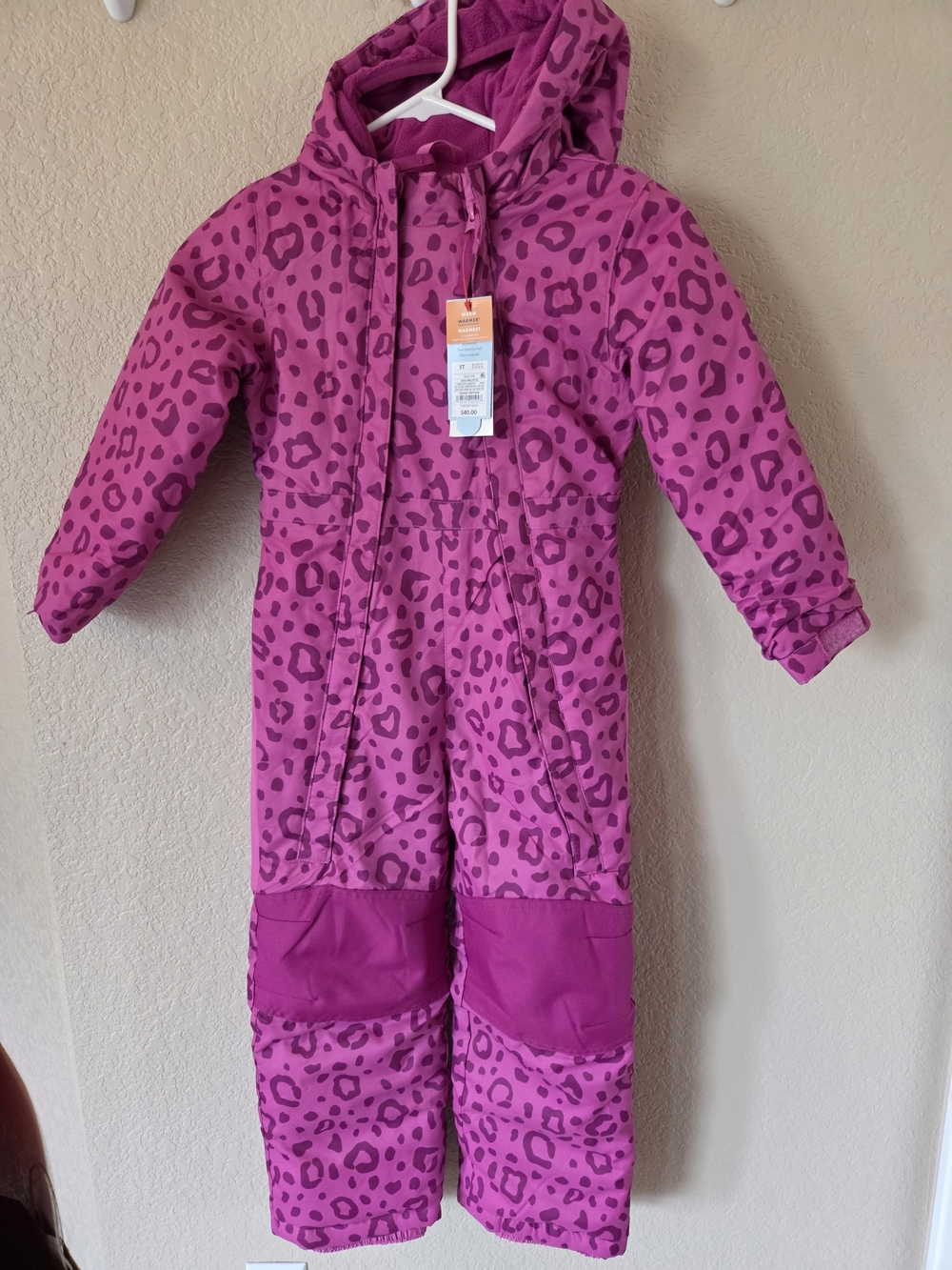 Kids Hooded One-Piece Snowsuit - Pink Leopard Print